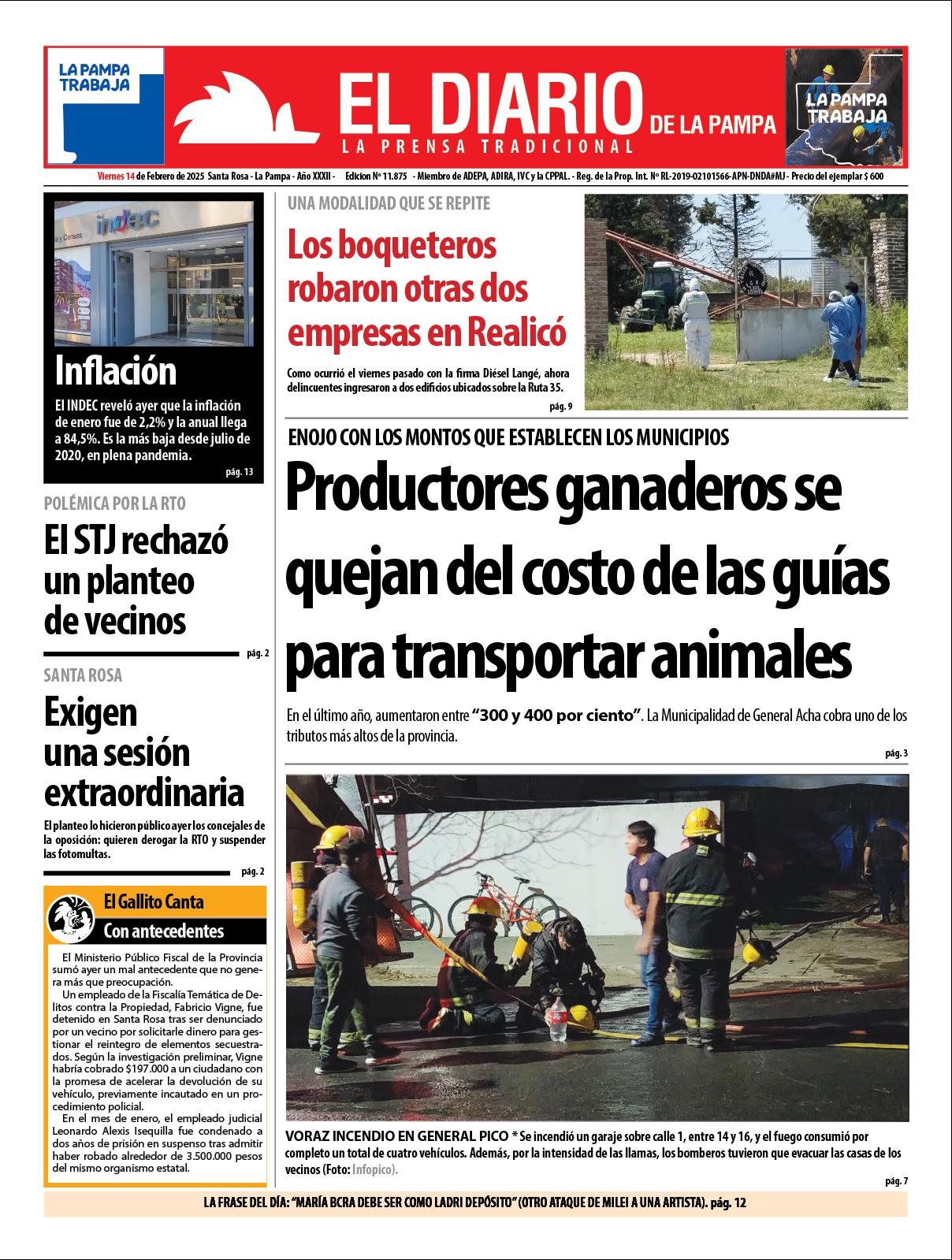 Tapa de El Diario en papel  viernes 14 de febrero de 2025